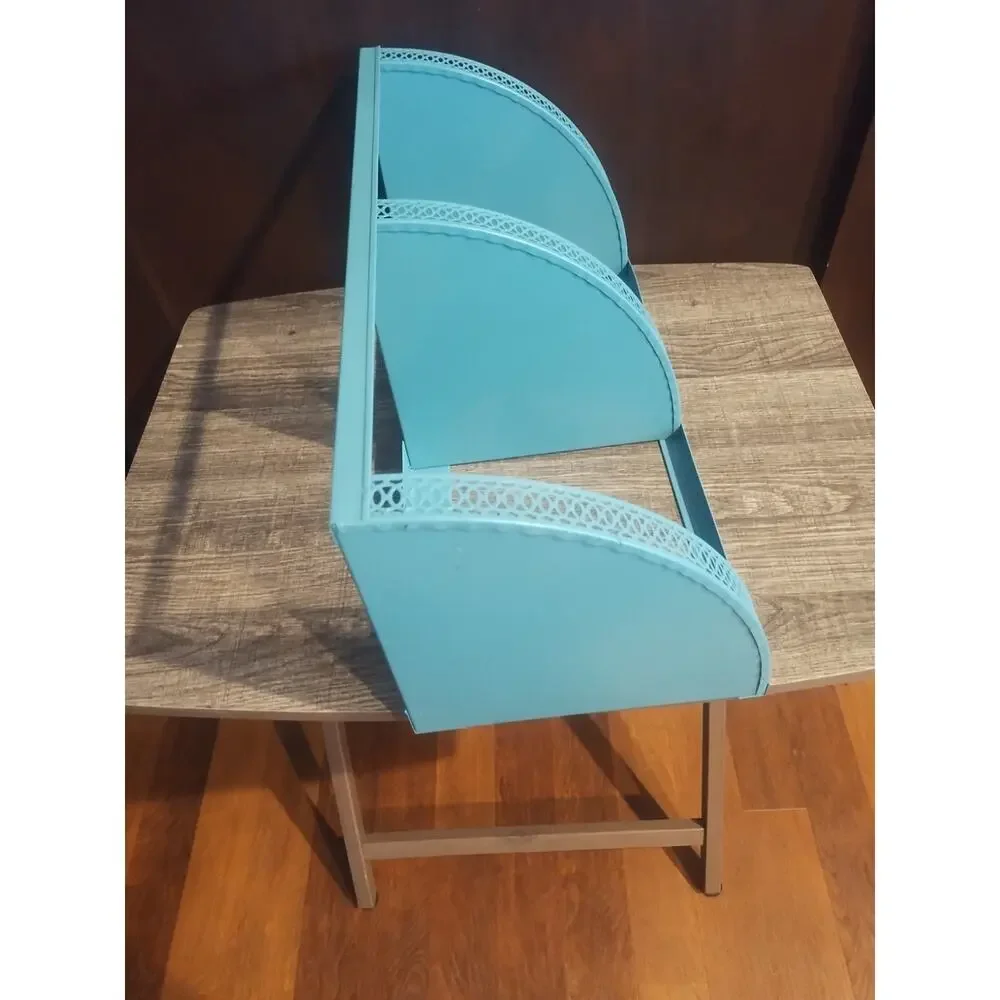 Vtg Metal Mesh Filagree Edge Corner Shelf 3 Tier Wall Hang MCM Blue Perforated